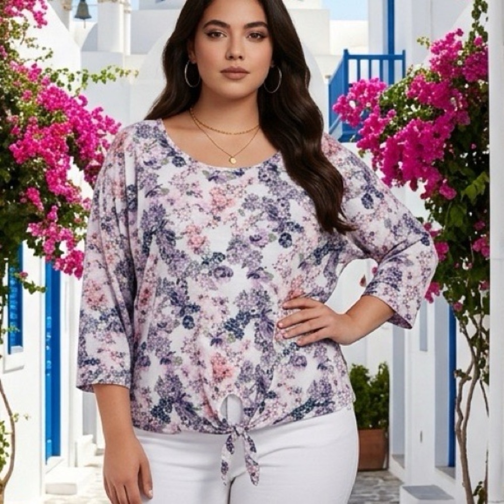 Angels Women's Tie Front Short Sleeve Floral Lace Top Size Large 3/4 Sleeves XL